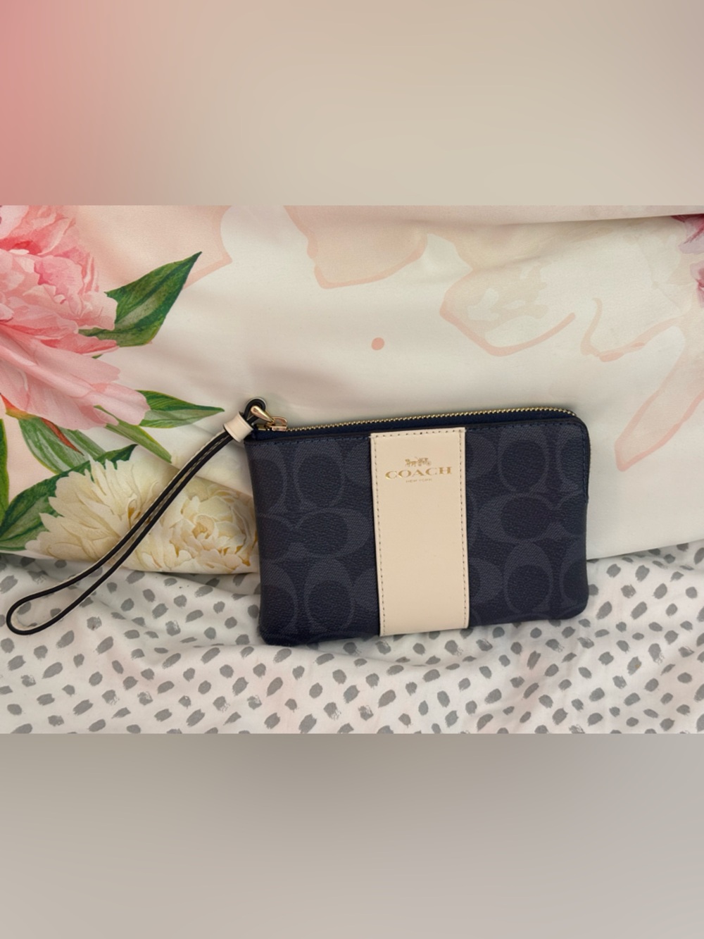 Coach Navy and Cream Signature Wristlet with Gold Accent